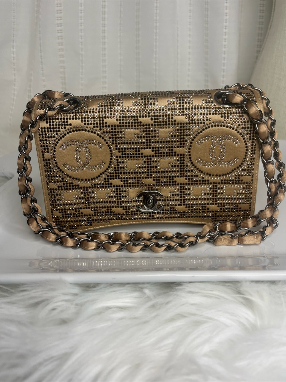 CHANEL Metallic Gold Crystal-Studded Chain Crossbody Bag